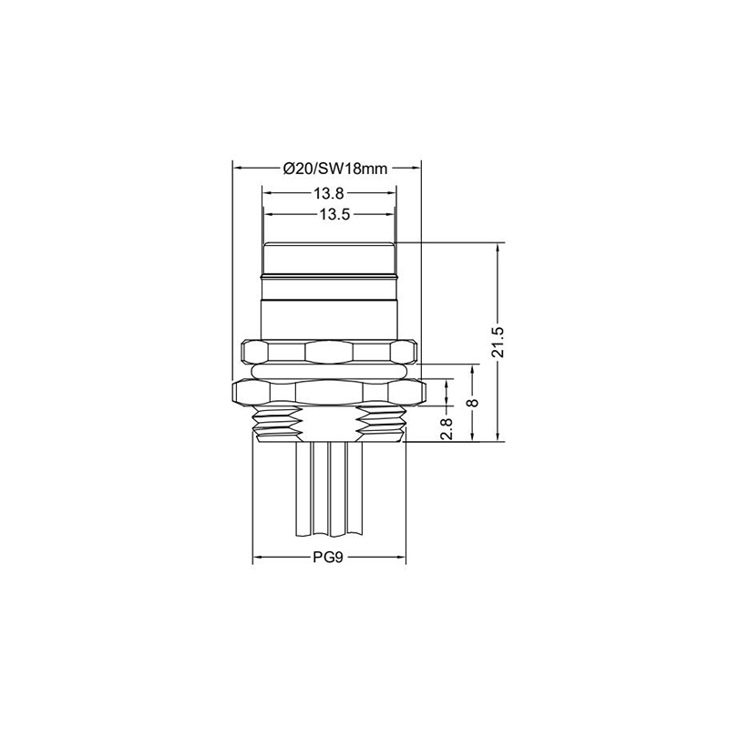 Push-pull m12 3pins A code female straight rear panel mount connector PG9 thread,unshielded,single wires,brass with nickel plated shell